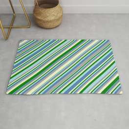 [ Thumbnail: Eye-catching Blue, Dark Gray, Light Yellow, Green, and Powder Blue Colored Lined Pattern Rug ]