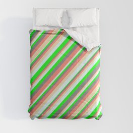 [ Thumbnail: Vibrant Gray, Salmon, Tan, Light Cyan & Lime Colored Striped Pattern Comforter ]