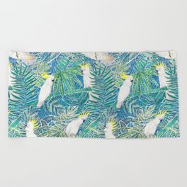 cockatoos playing around in a tropical garden watercolor Beach Towel