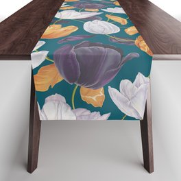 Yellow and Purple Aesthetic Tulip Floral on Dark Teal Table Runner
