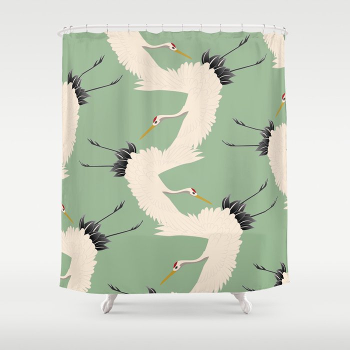 Japanese Cranes on Sage Green Background Shower Curtain