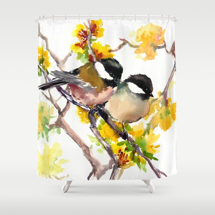 Birds in the Spring, Chickadee birds, birds adn flowers Shower Curtain