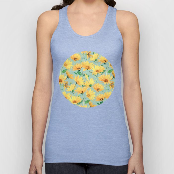 Painted Golden Yellow Daisies on soft sage green Tank Top