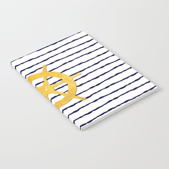 Marine pattern- Navy blue white striped with golden wheel Notebook