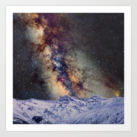 The star Antares, Scorpius and Sagitariuss over the hight mountains. The milky way. Art Print