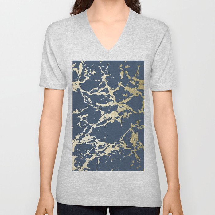 Kintsugi Ceramic Gold on Indigo Blue V Neck T Shirt