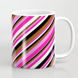 [ Thumbnail: Vibrant Brown, Violet, Deep Pink, White, and Black Colored Striped Pattern Coffee Mug ]