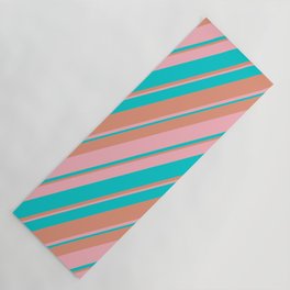 [ Thumbnail: Dark Salmon, Light Pink & Dark Turquoise Colored Stripes Pattern Yoga Mat ]
