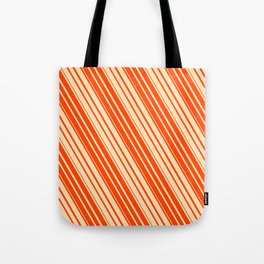 [ Thumbnail: Beige and Red Colored Striped Pattern Tote Bag ]
