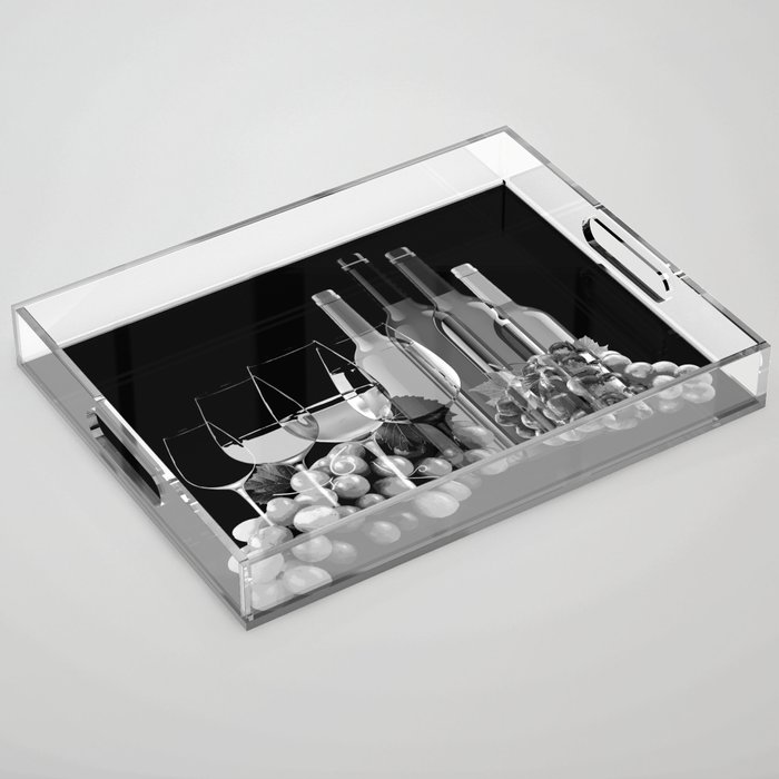 Black and White Graphic Art Composition Of Grapes, Wine Glasses, and Bottles Acrylic Tray