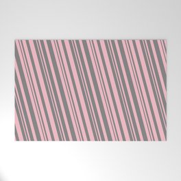 [ Thumbnail: Pink and Grey Colored Striped Pattern Welcome Mat ]