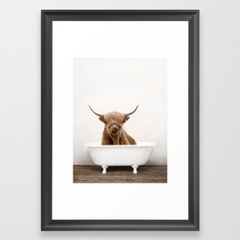 Highland Cow in a Vintage Bathtub Rustic Bath Style (c) Framed Art Print