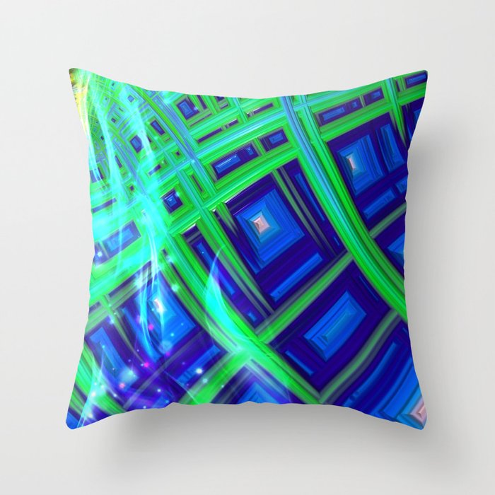 Green Blue Fractal Squares Throw Pillow