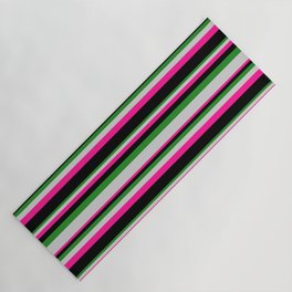[ Thumbnail: Forest Green, Light Gray, Deep Pink, and Black Colored Stripes Pattern Yoga Mat ]