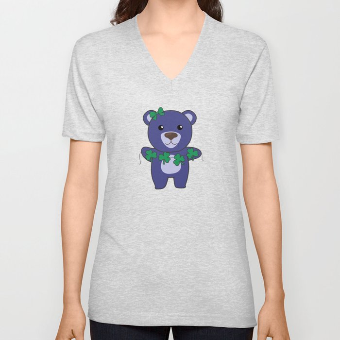 Bear With Shamrocks Cute Animals For Luck V Neck T Shirt