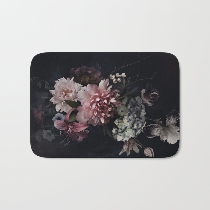 Vintage flowers. Peonies, tulips, lily, hydrangea on black. Floral background. Baroque style floristic illustration.  Bath Mat