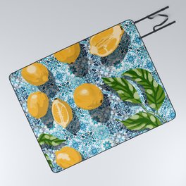 Juicy Lemons on Blue Moroccan Tiles Picnic Blanket