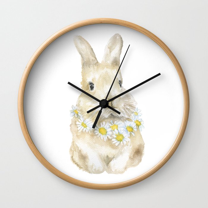 Bunny Rabbit with Daisy Wreath Watercolor Wall Clock