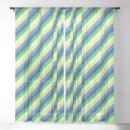 [ Thumbnail: Eyecatching Light Yellow, Tan, Blue, Dark Slate Gray, and Lime Green Colored Lined/Striped Pattern Sheer Curtain ]