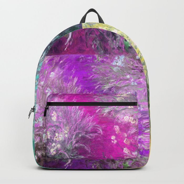 The Path through the Irises 4-color collage floral iris landscape painting by Claude Monet Backpack