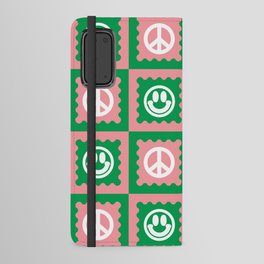 Funky Checkered Smileys and Peace Symbol Pattern (Pink, Green, White) Android Wallet Case
