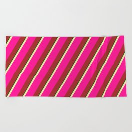 [ Thumbnail: Tan, Deep Pink, Brown & Dark Green Colored Stripes/Lines Pattern Beach Towel ]