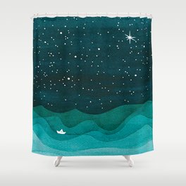Starry Ocean, teal sailboat watercolor sea waves night Shower Curtain