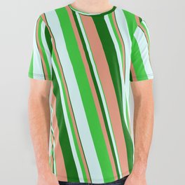 [ Thumbnail: Dark Green, Dark Salmon, Lime Green, and Light Cyan Colored Striped/Lined Pattern All Over Graphic Tee ]