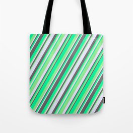[ Thumbnail: Green, Light Green, Lavender, and Dim Gray Colored Stripes/Lines Pattern Tote Bag ]