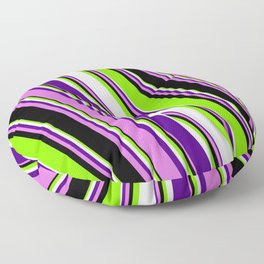 [ Thumbnail: Chartreuse, Lavender, Indigo, Orchid & Black Colored Striped/Lined Pattern Floor Pillow ]