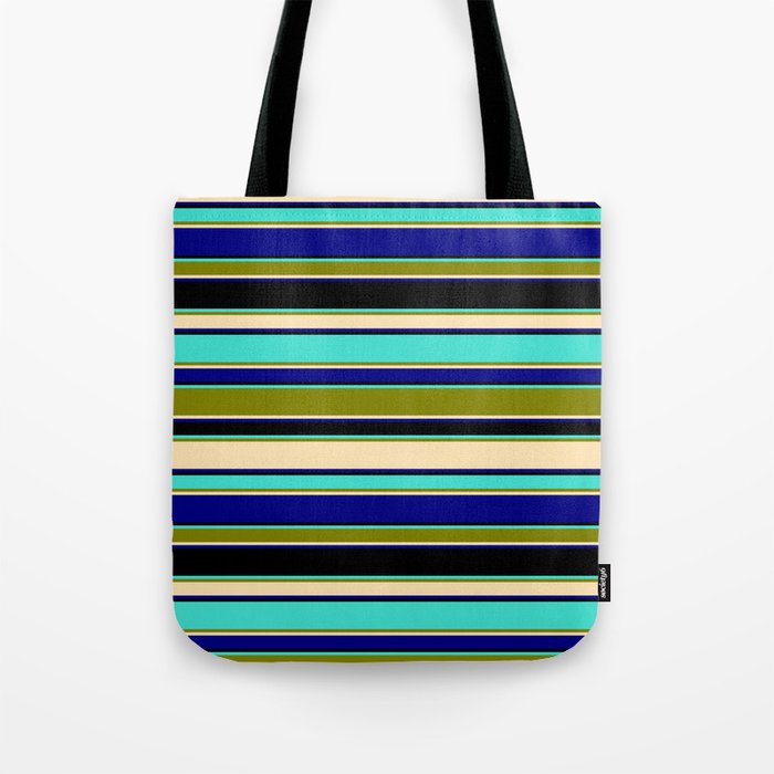 Turquoise, Green, Beige, Blue & Black Colored Striped/Lined Pattern Tote Bag