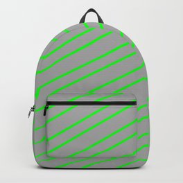 [ Thumbnail: Dark Grey & Lime Colored Stripes Pattern Backpack ]