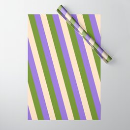 [ Thumbnail: Purple, Green, and Bisque Colored Lines/Stripes Pattern Wrapping Paper ]