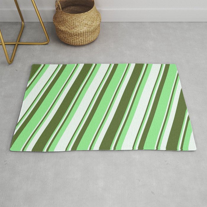 Dark Olive Green, Light Green, and Mint Cream Colored Lines Pattern Rug