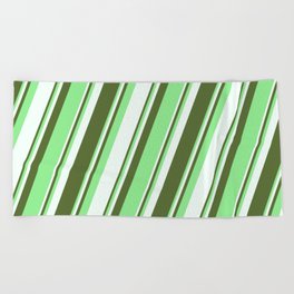 [ Thumbnail: Dark Olive Green, Light Green, and Mint Cream Colored Lines Pattern Beach Towel ]