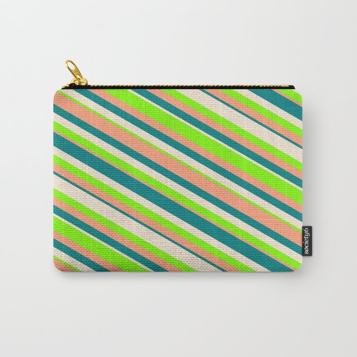 Beige, Chartreuse, Light Salmon, and Teal Colored Lines Pattern Carry-All Pouch