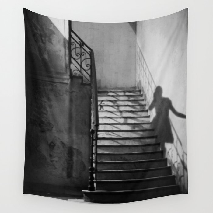 Ghosts and shadows of Paris lonely female shadow figure walking up stairs black and white photograph, photograhy, photographs Wall Tapestry