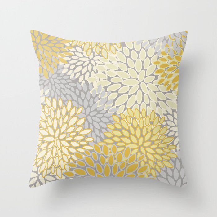 Floral Prints Soft Yellow and Gray Modern Print Art Throw Pillow