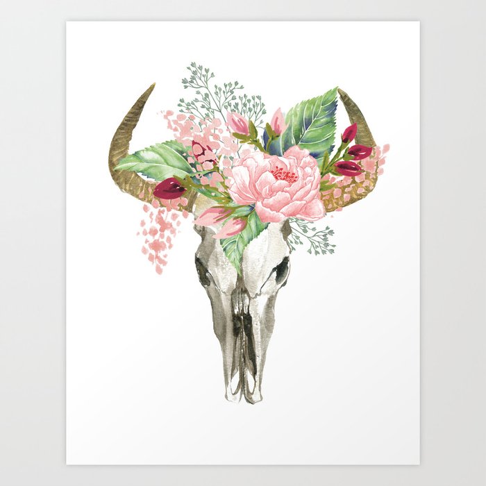 Bohemian bull skull with flowers Art Print