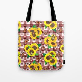 Sunflowers and Monarch Butterflies Gingham - Red Tote Bag