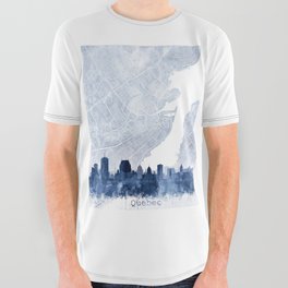 Quebec Skyline & Map Watercolor Navy Blue, Print by Zouzounio Art All Over Graphic Tee