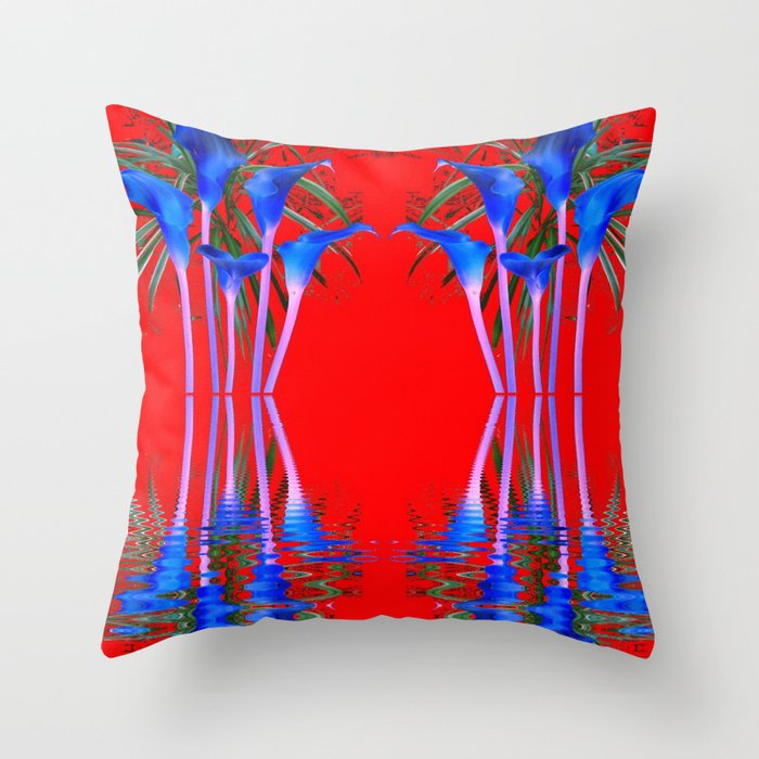 BLUE CALLA LILIES RED WATER REFLECTIONS Throw Pillow