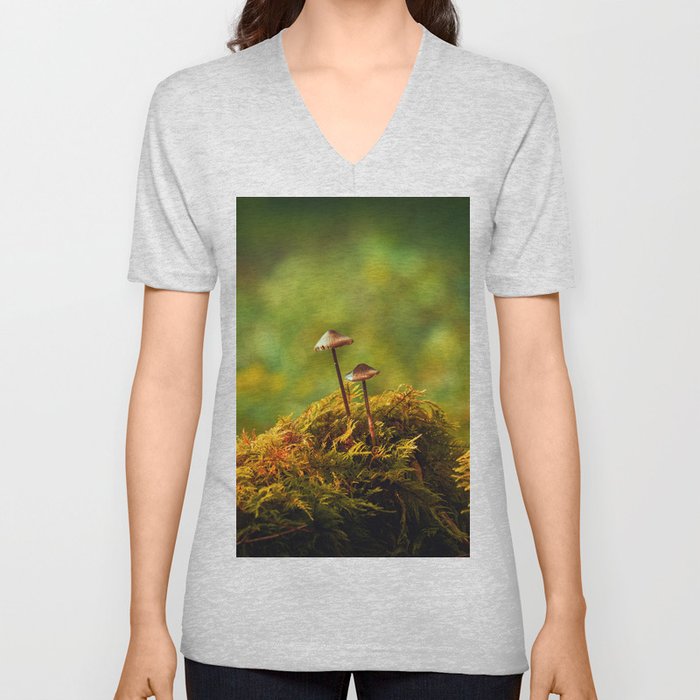 Romantic view with fungus close-up with moss vegetation V Neck T Shirt