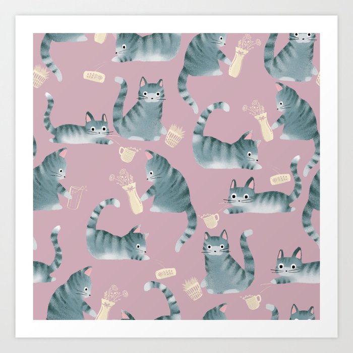 Bad Grey Tabby Cats Knocking Things Over Art Print