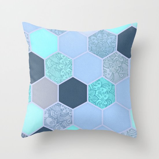 Denim Blue, Aqua & Indigo Hexagon Doodle Pattern Throw Pillow
