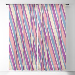 [ Thumbnail: Blue, Tan, Purple & Light Coral Colored Pattern of Stripes Sheer Curtain ]