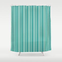[ Thumbnail: Beige and Dark Cyan Colored Lined Pattern Shower Curtain ]