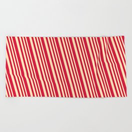 [ Thumbnail: Beige and Crimson Colored Lined Pattern Beach Towel ]