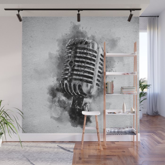 Classic Vintage Chrome Microphone in Black and White Watercolor Wall Mural