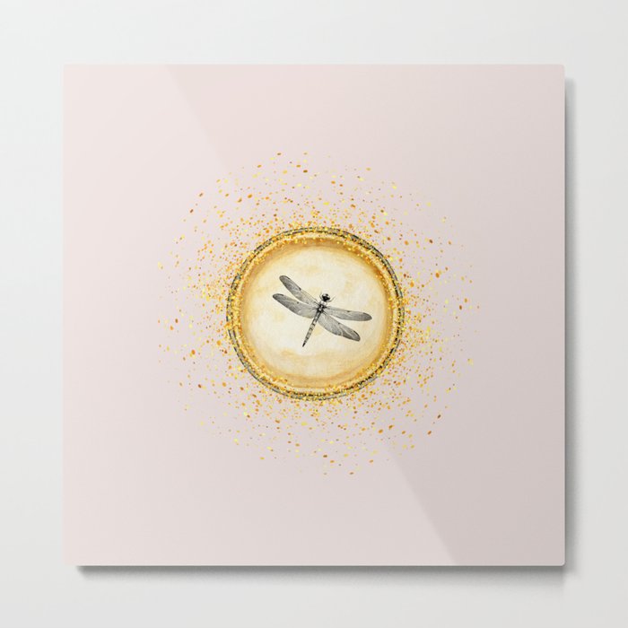 Sketched Dragonfly Gold Circle Pendant on Pale Pink Metal Print